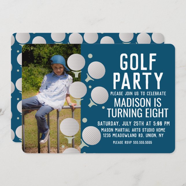 Invitación Modernas bolas de golf Foto de fiesta de cumpleaño (Anverso / Reverso)