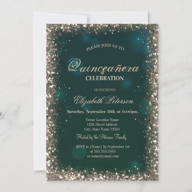 Invitación Modernas Faux Gold Sequins enmarcan Quinceañera ve (Anverso)