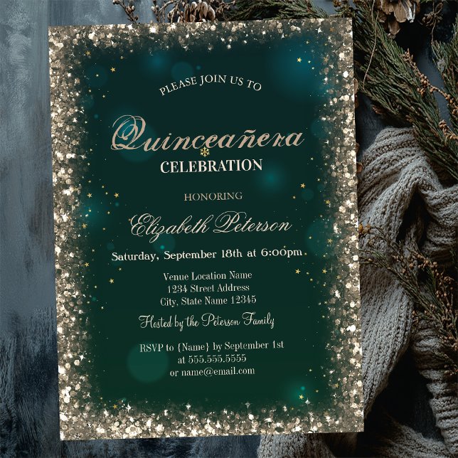 Invitación Modernas Faux Gold Sequins enmarcan Quinceañera ve (Subido por el creador)