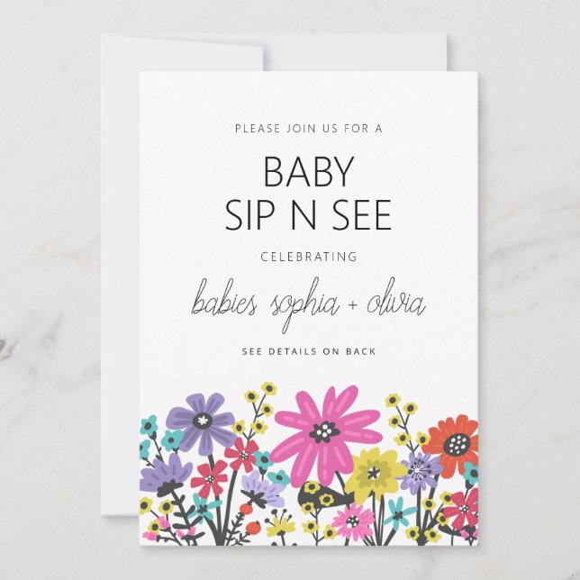 Invitación Modernas flores silvestres boho gemelas bebe sorbo (Anverso)