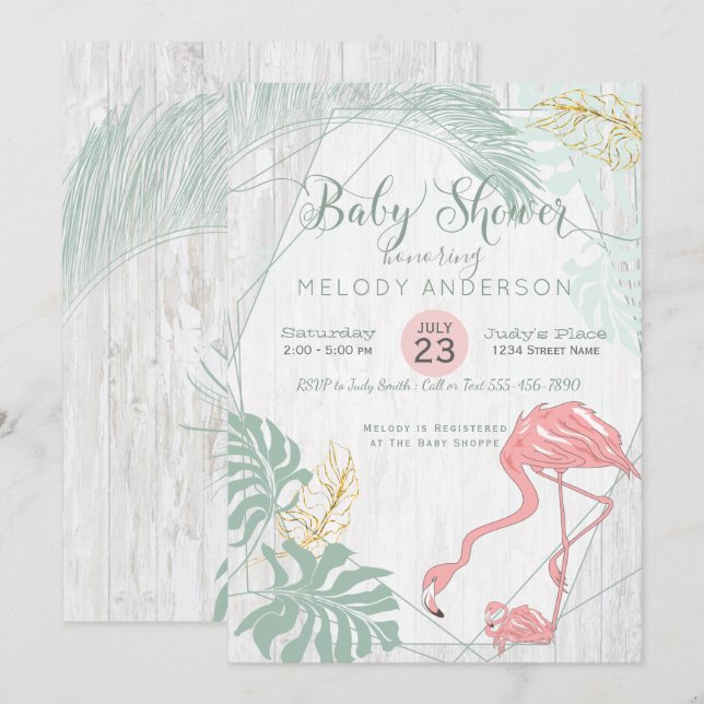 Invitación Modernas hojas tropicales Baby Shower Flamingo ros (Anverso / Reverso)
