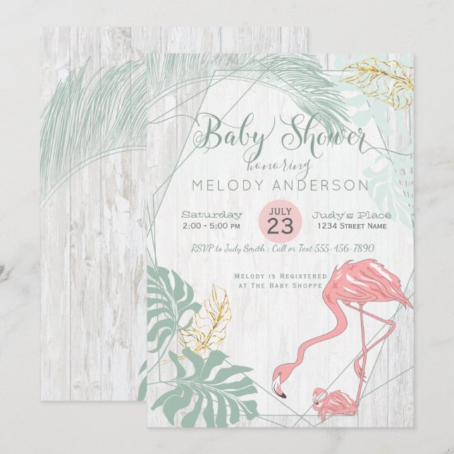 Invitación Modernas hojas tropicales Baby Shower Flamingo ros (Anverso / Reverso)