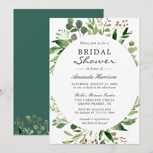 Invitación Modernas hojas verdes marco follaje ducha de novia (Anverso / Reverso)