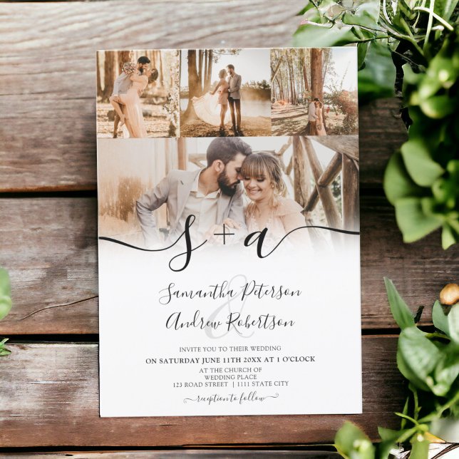 Invitación Modernas iniciales simples guión guión 5 fotos bod (Modern simple initials script 5 photos wedding invitation)
