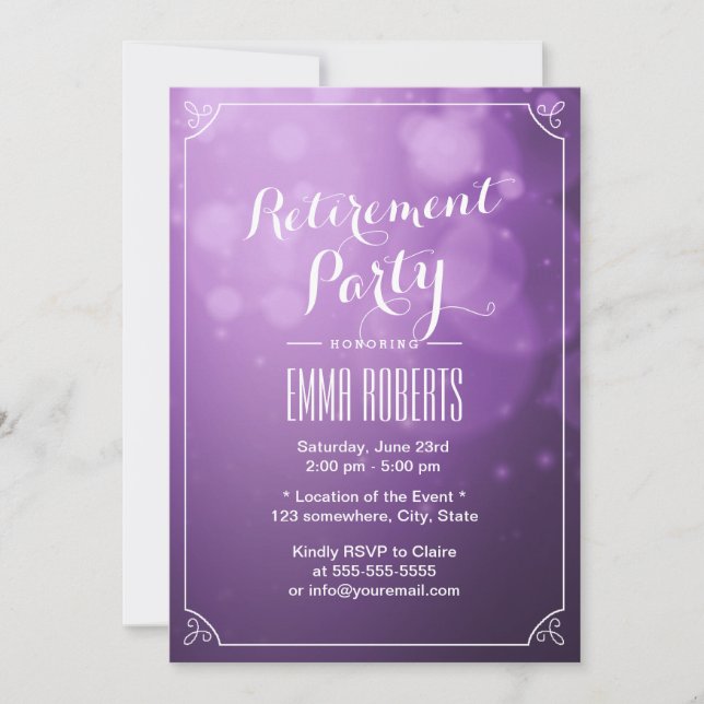 Invitación Modernas luces moradas Fiesta de retiro elegante (Anverso)