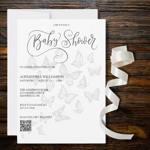 Invitación Modernas mariposas grises Código QR de Baby Shower