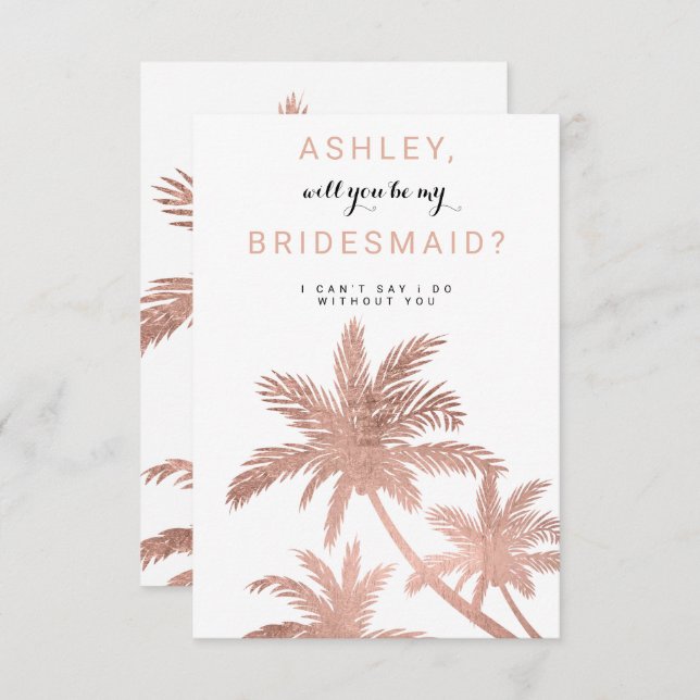 Invitación Modernas palmeras de oro rosa tropical Bridesmaid (Anverso / Reverso)