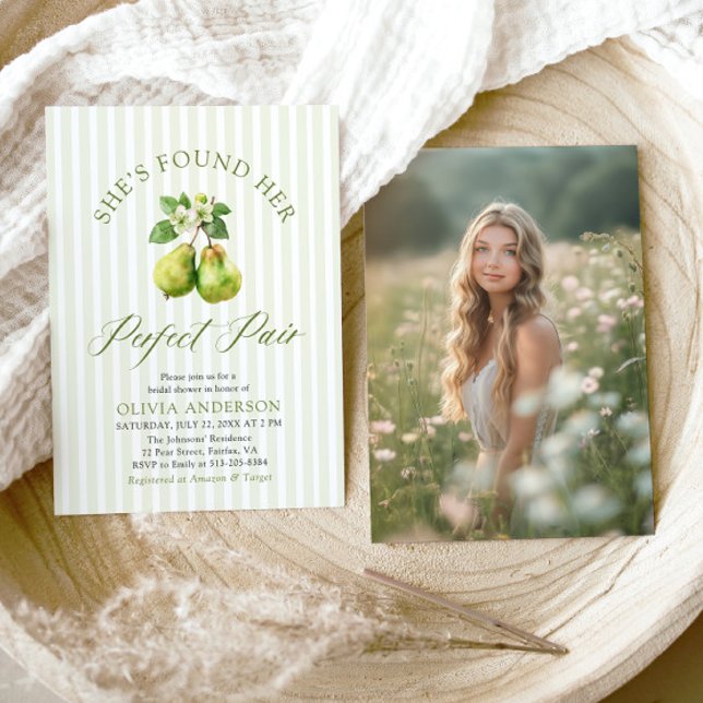 Invitación Modernas rayas verdes Perfecto Pareja Ducha Bridal (Modern Green Gingham Perfect Pear Bridal Shower Invitation)