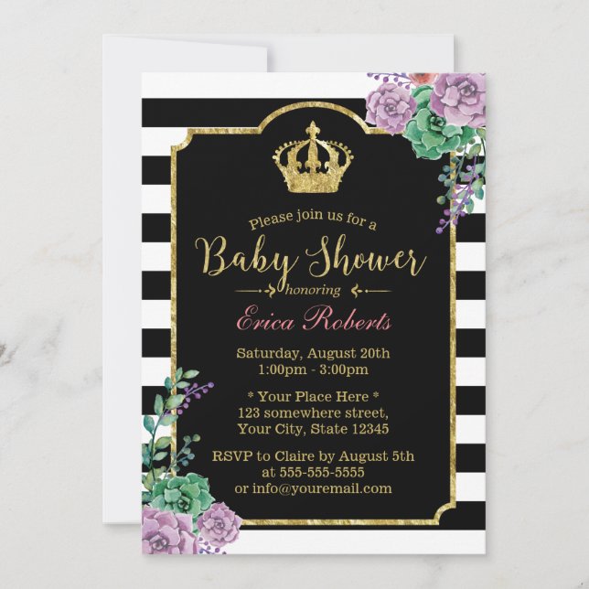 Invitación Modernas Stripes Gold Crown Floral Baby Shower (Anverso)