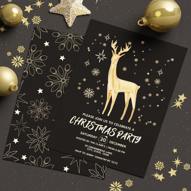 Invitación Modernas y sencillas navidades de venados con eleg (Modern Simple Black and Gold Elegant Deer Xmas Invitation)