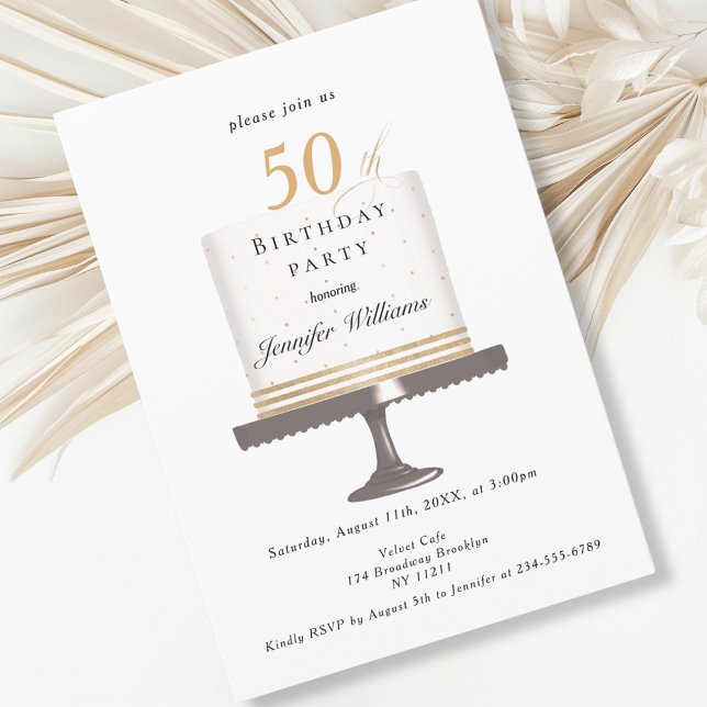 Invitación Modernes, elegante Einladung zum Geburtstag (Modern, elegant, birthday cake, white & gold invitation.)