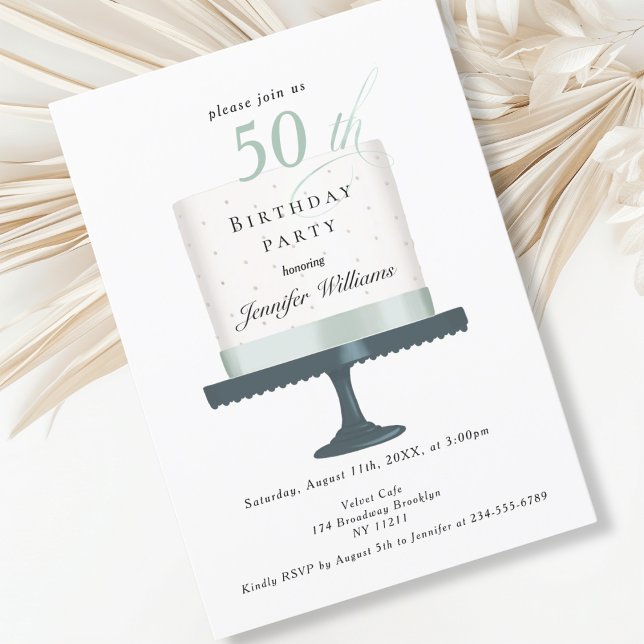 Invitación Modernes, elegante Einladung zum Geburtstag (Modern, elegant, white, mint, birthday cake invitation.)