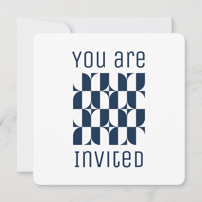 Invitación Modernidad azul y blanco de mediados de siglo (Anverso)