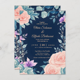 Invitación Modernidad floral rosa y azul marino de Rubor