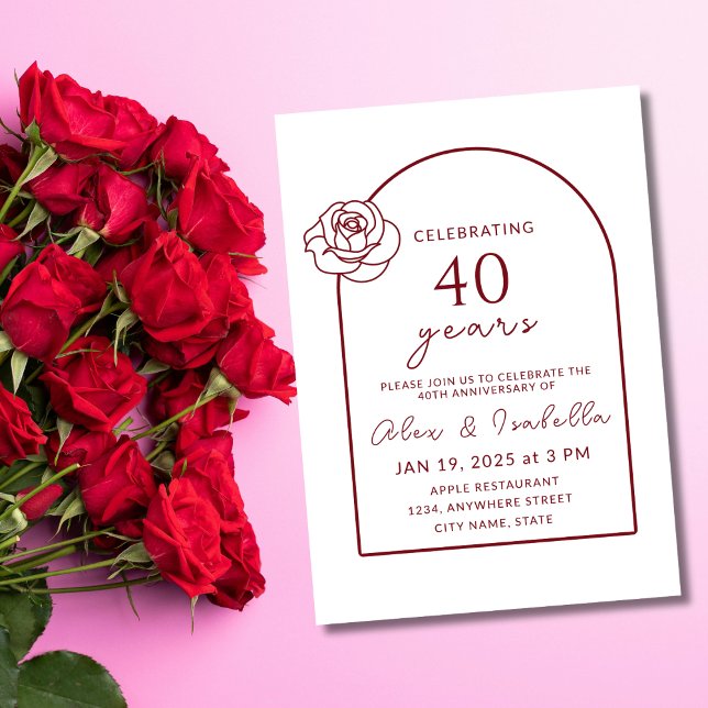 Invitación ModernMinimalista Ruby Rojo 40° Aniversario Boda (modern elegant minimal geometric rose ruby red 40th wedding anniversary invitation)