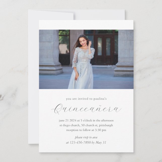 Invitación Moderno 15 años cumpleaños Quinceañera foto blanca (Anverso)