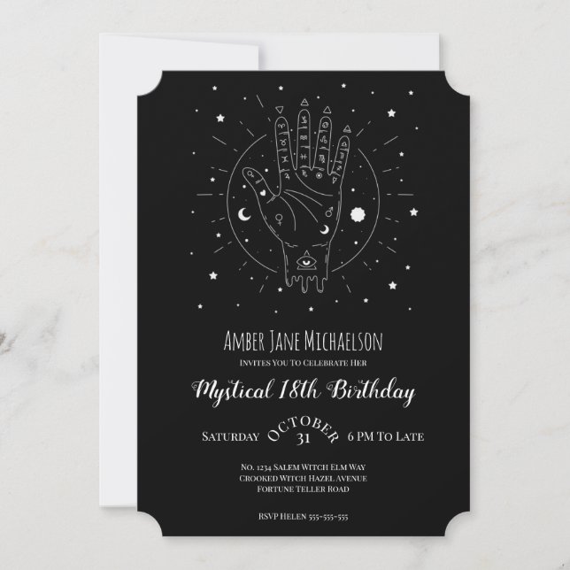 Invitación Moderno 18.º Cumpleaños Fortune Teller Palmistry (Anverso)