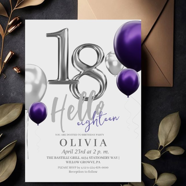 Invitación Moderno 18 cumpleaños Silver Purple Balones (Subido por el creador)