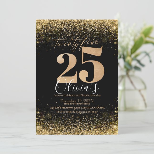 Invitación Moderno 25º partido de cumpleaños Purpurina de oro (Anverso de pie)