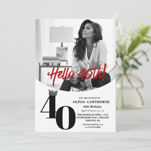 Invitación Moderno 2 Foto 40 cumpleaños Blanco Negro (Anverso de pie)