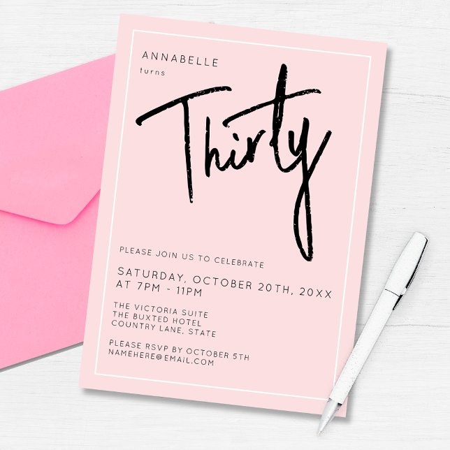 Invitación Moderno 30.ª fiesta de 30 años (Modern blush pink 30th birthday party invitation. Perfect for any thirty / thirtieth birthday party)