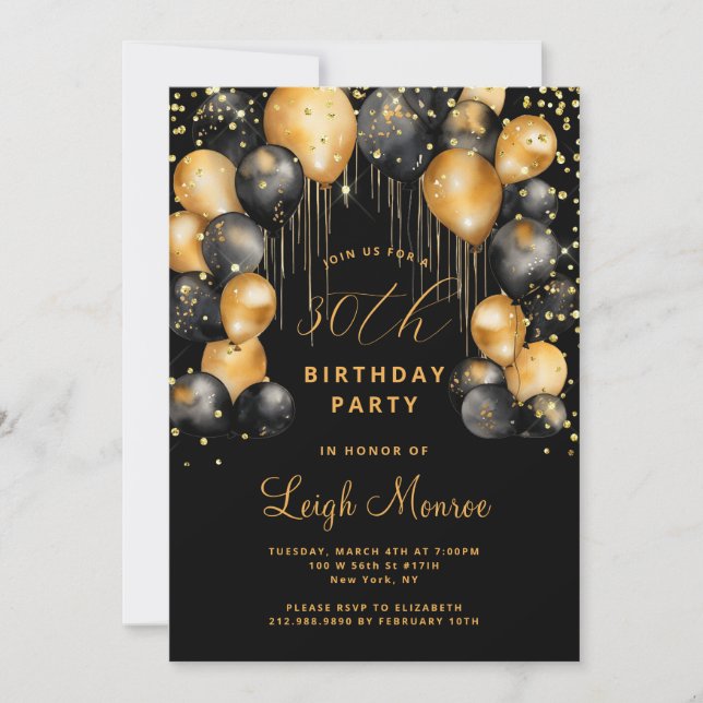 Invitación Moderno 30.º Fiesta de cumpleaños oro negro (Anverso)