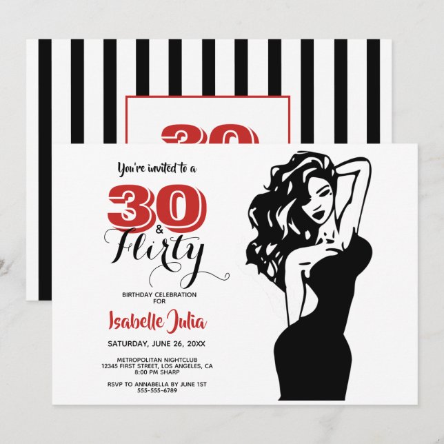 Invitación Moderno 30 & FLIRTY 30 cumpleaños negro y rojo (Anverso / Reverso)