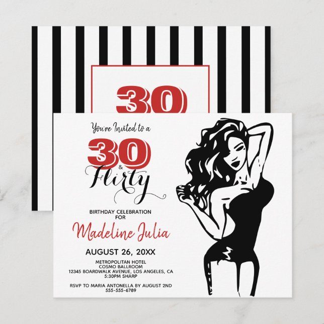 Invitación Moderno 30 & FLIRTY 30th Birthday Black & Red Invi (Anverso / Reverso)