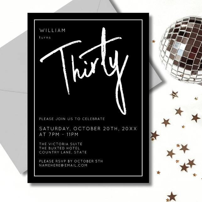 Invitación Moderno 30° Treinta y Treinta Años de Negrura (Stylish and modern black and white men's 30th birthday invitation with minimal script lettering.)