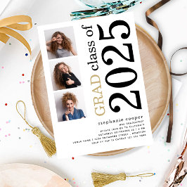 Invitación Moderno 3 foto Negrita 2023 Graduación Blanca