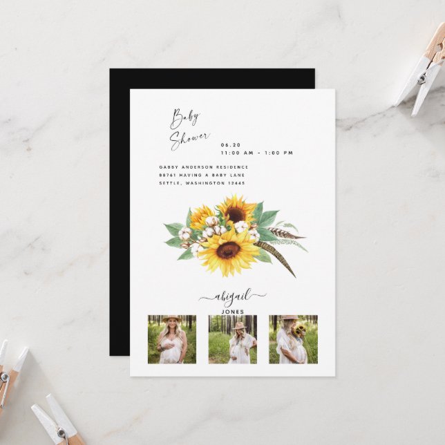 Invitación Moderno 3 Foto Sunflowers & Cotton Baby Shower (Anverso/Reverso In Situ)
