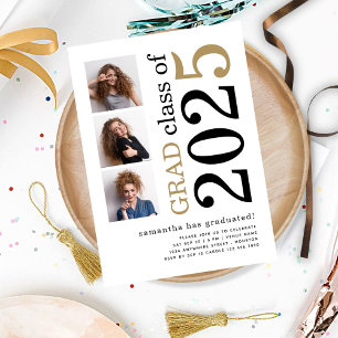 Invitación Moderno 3 fotos Oro Negro Graduación Blanca 2024