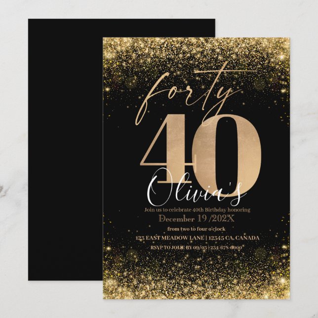 Invitación Moderno 40.º Fiesta de cumpleaños Purpurina de oro (Anverso / Reverso)