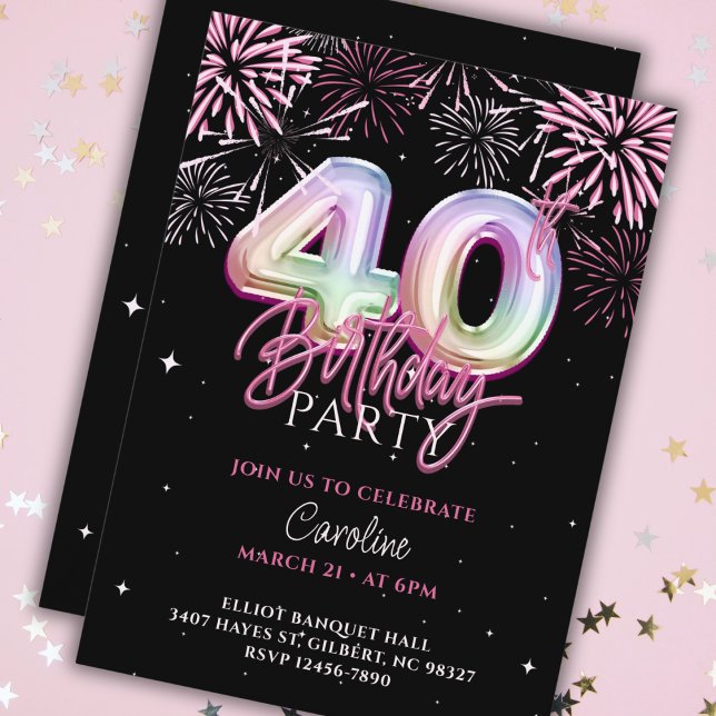 Invitación Moderno 40.º globo de Relieve metalizado rosado Fu (Subido por el creador)