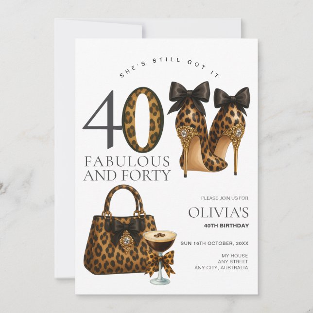 Invitación Moderno 40 cumpleaños con estampado de leopardo y  (Anverso)
