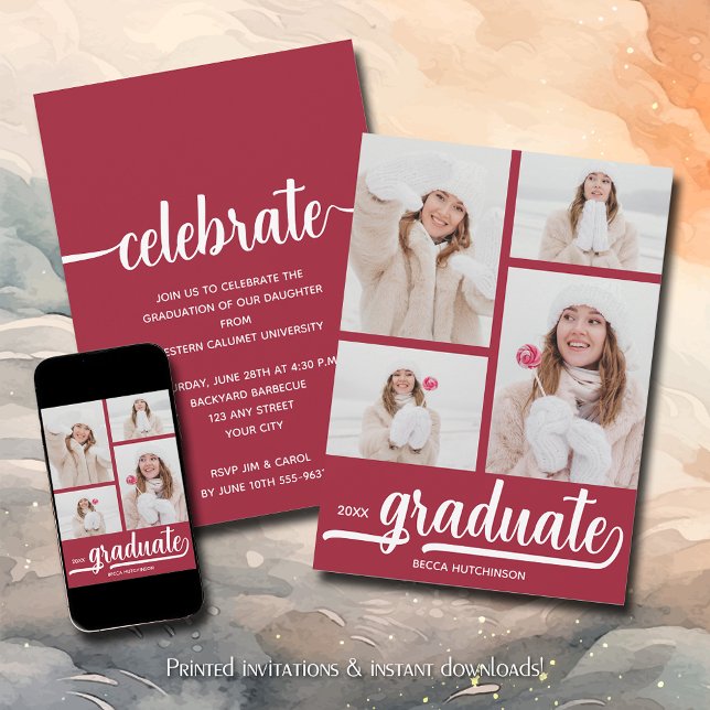 Invitación Moderno 4 Collages de fotos Crimson Graduación Roj (Modern 4 photo collage crimson red graduation party invitations)
