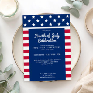 Invitación Moderno 4 de Julio Blanco Rojo y Azul