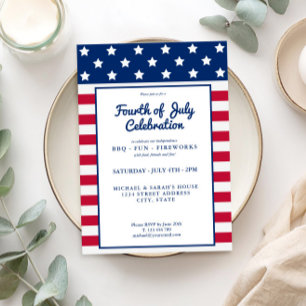 Invitación Moderno 4 de Julio Blanco Rojo y Azul
