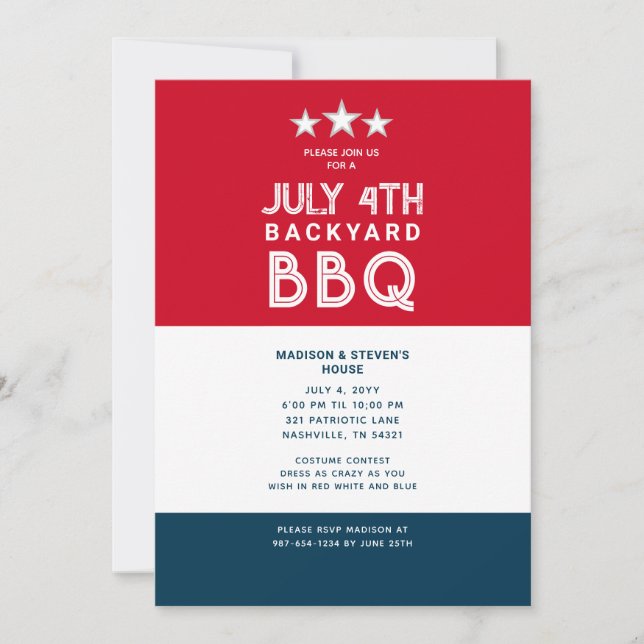 Invitación Moderno 4 de julio de 2014 BBQ Fiesta Rojo Azul Bl (Anverso)