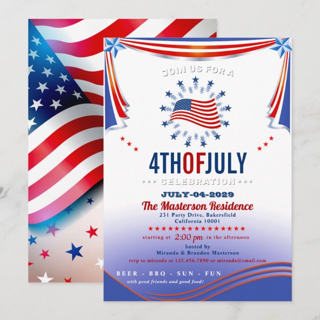 Invitación Moderno 4 de julio Fiesta (Anverso / Reverso)