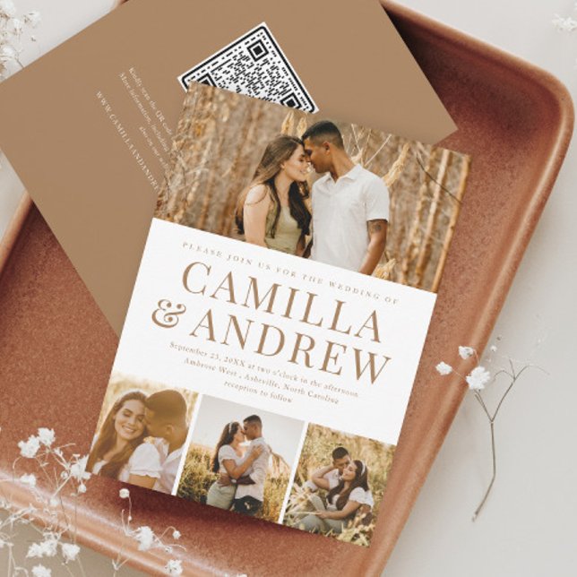 Invitación Moderno 4 Foto Código QR Rsvp Boda Elegante (A modern typography 4 photo  wedding invitation. The back has a QR Code for guests to easily RSVP.)