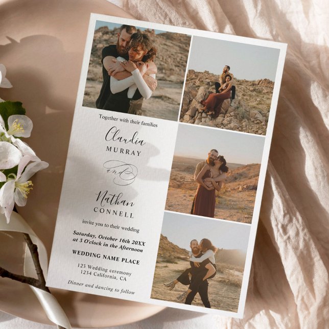 Invitación Moderno 4 Fotos boda de escritura elegante blanco  (Subido por el creador)