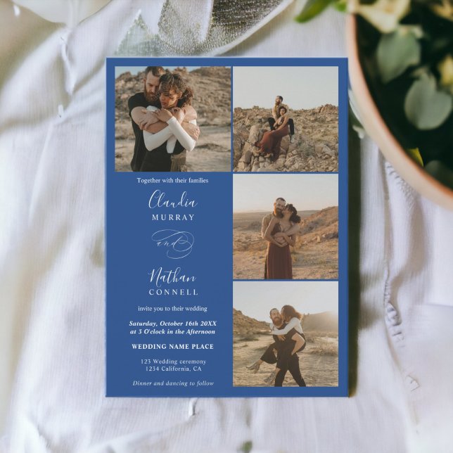 Invitación Moderno 4 Fotos guión elegante boda azul blanco (Modern 4 Photos elegant script wedding white blue Invitation)