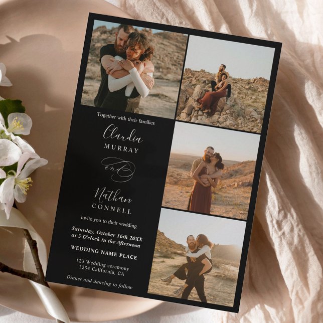 Invitación Moderno 4 Fotos guión elegante boda blanco negro (Subido por el creador)