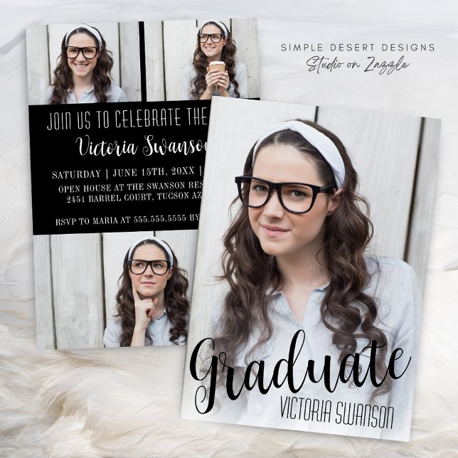 Invitación Moderno 4 Graduación en blanco y negro fotográfico (Modern Black and White Signature Graduation Announcement with Photo Collage & Elegant Script)