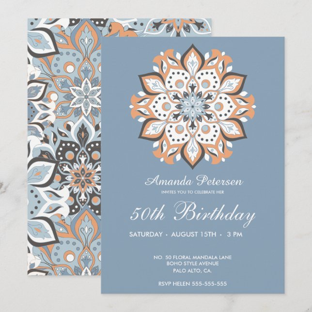 Invitación Moderno 500 cumpleaños elegante Mandala floral (Anverso / Reverso)