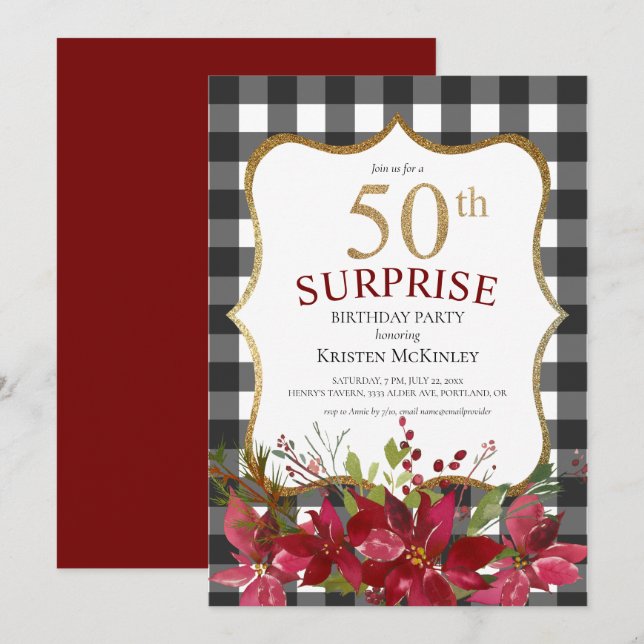 Invitación Moderno 50.º cumpleaños Purpurina Floral Rojo Negr (Anverso / Reverso)