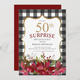Invitación Moderno 50.º cumpleaños Purpurina Floral Rojo Negr
