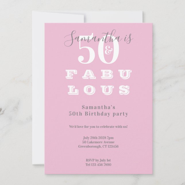 Invitación Moderno 50 cumpleaños 50 fabuloso Fiesta gris rosa (Anverso)