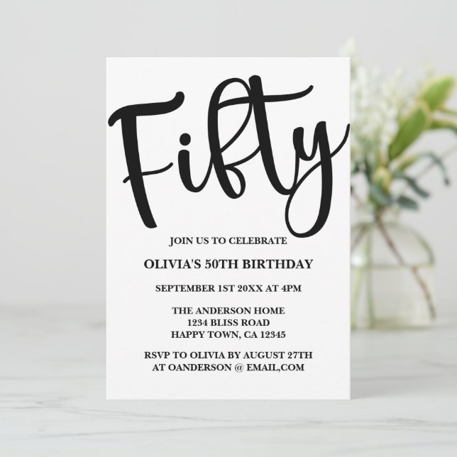 Invitación Moderno 50 cumpleaños negro y blanco (Anverso de pie)